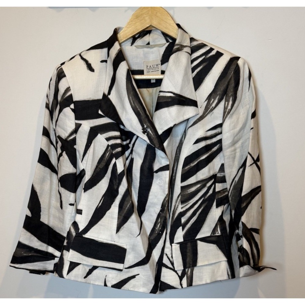 PAUW Amsterdam Women's M Ramie Blazer  Black White Abstract Cropped Jacket Sz 5